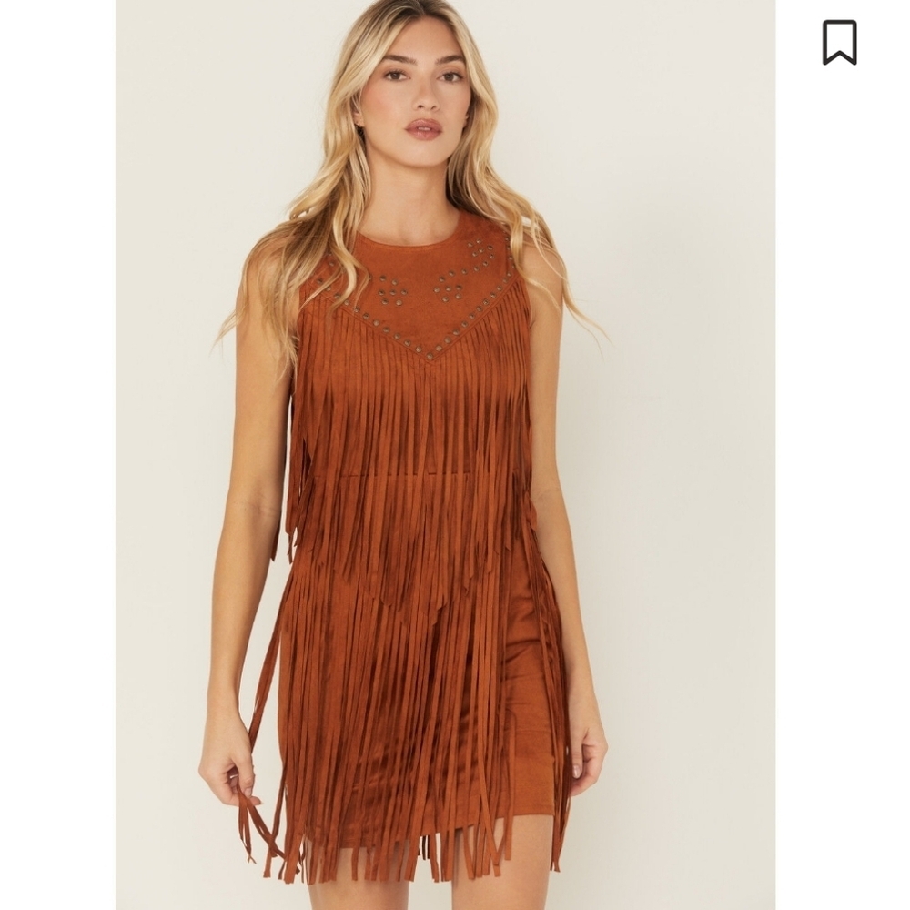 Idyllwind Garland Hippie Studded Fringe Faux Suede Sleeveless Mini Dress Sz.M - Picture 3 of 16